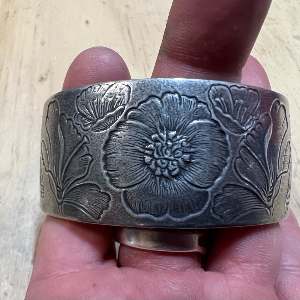 Floral Poppy Hippy Silver (Pewter) Cuff Bracelet, August Flower
